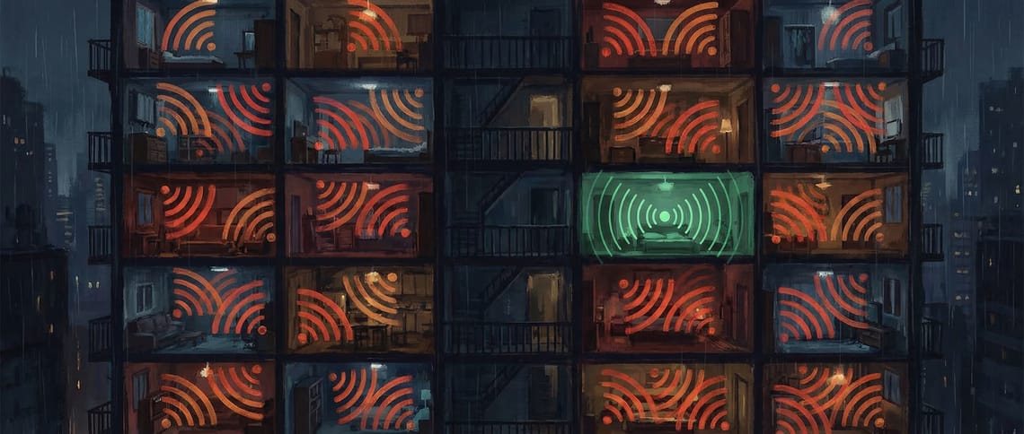 Illustration of a dense apartment building with overlapping WiFi signals causing interference between units, with one apartment using clean optimized WiFi settings