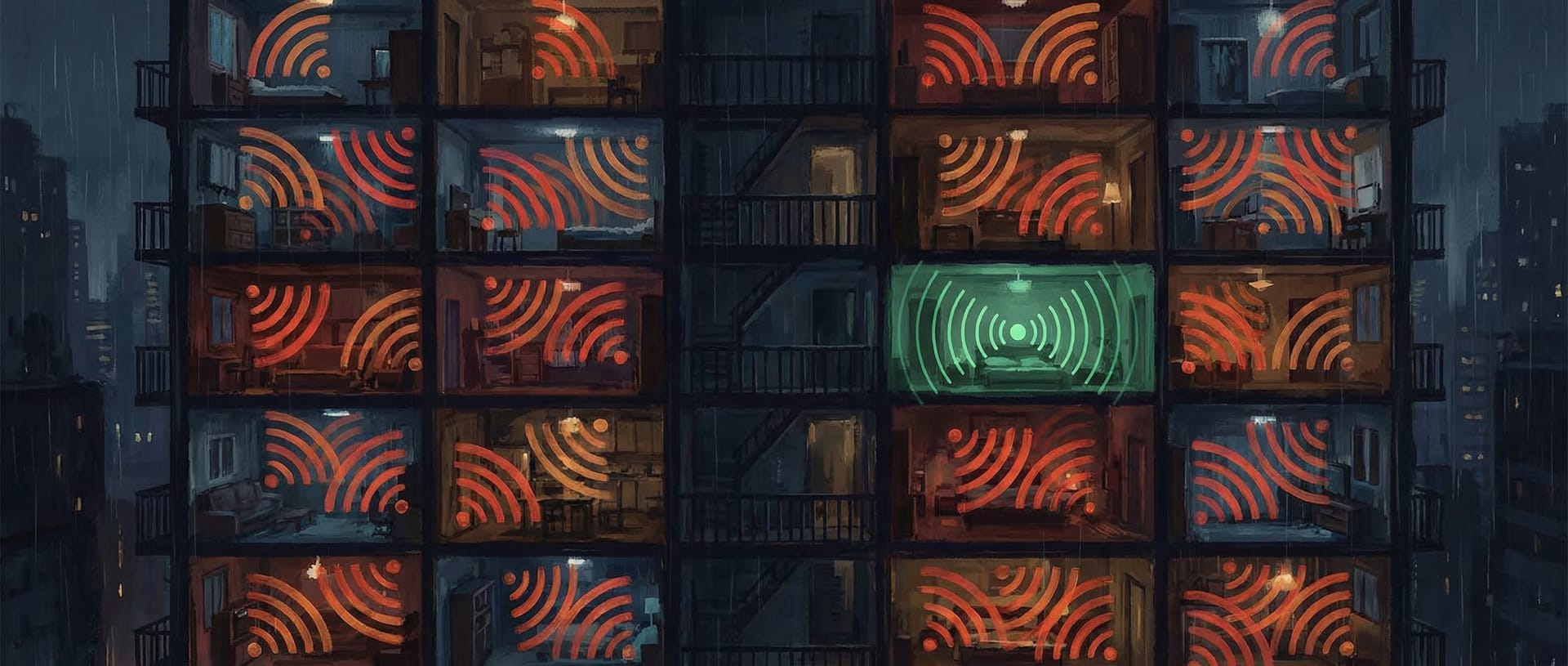Illustration of a dense apartment building with overlapping WiFi signals causing interference between units, with one apartment using clean optimized WiFi settings